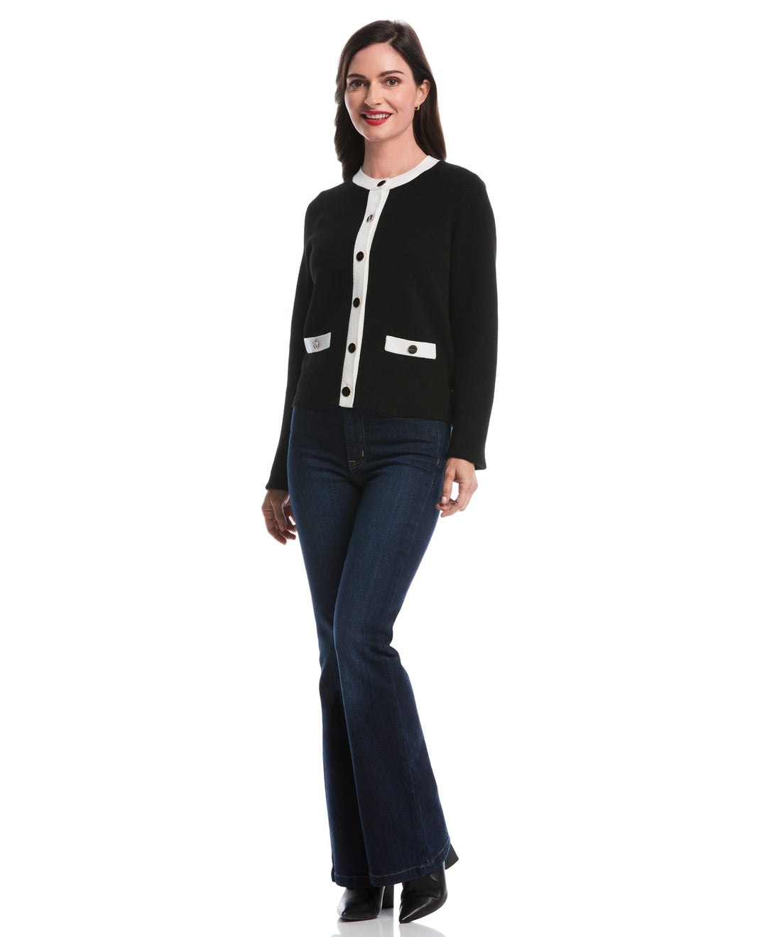 Petite Contrast Placket Button-Up Cardigan (Black) 