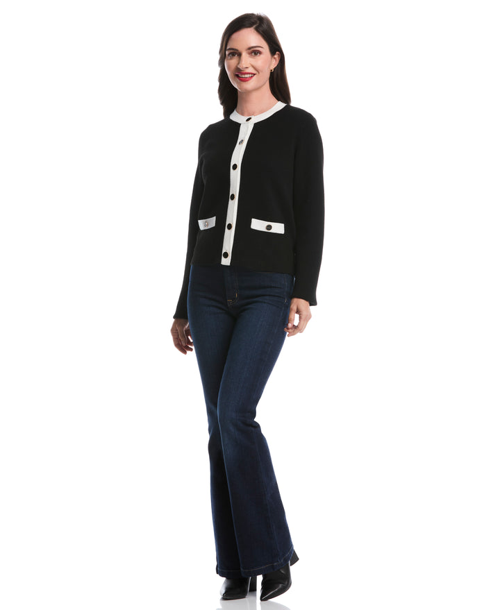 Petite Contrast Placket Button-Up Cardigan (Black) 