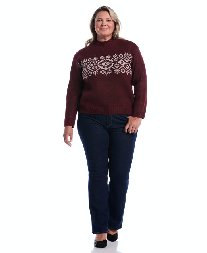 Plus Size Floral Argyle Mock Neck Sweater (Zinfandel) 