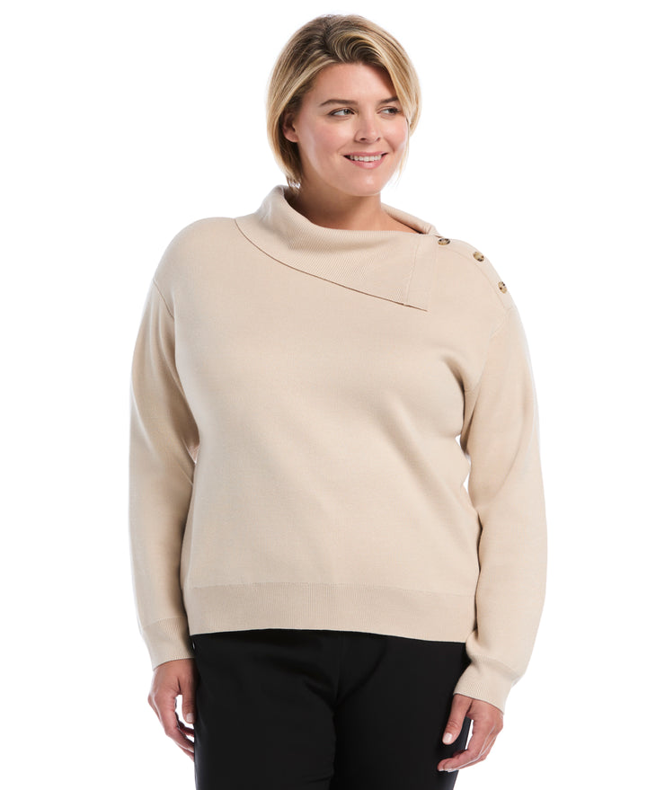 Plus Size Split Neck Button Detail Sweater (Oatmeal) 