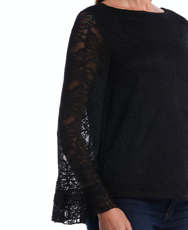 Petite Lace Ruffle Sleeve Boatneck Top (Black) 