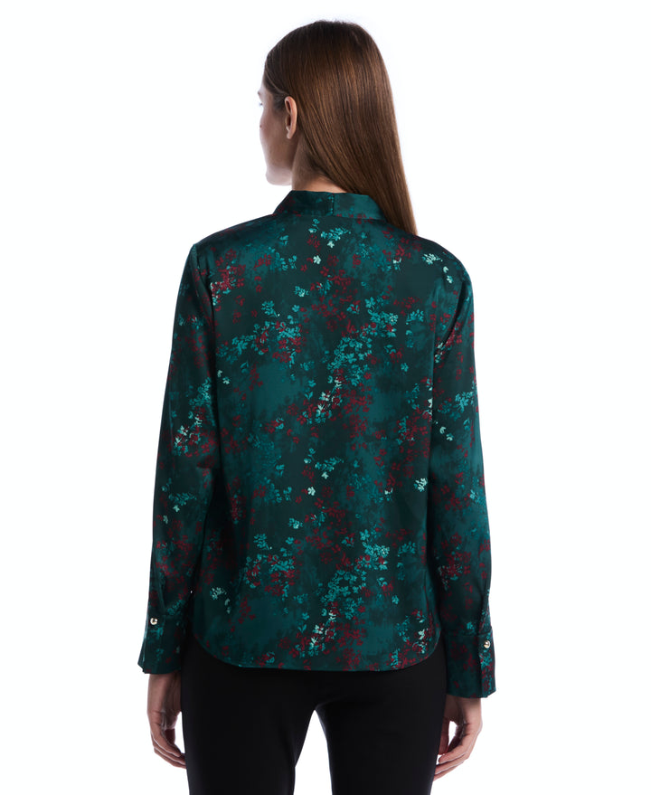 Petite Floral Tie Neck Patch Pocket Blouse (Ponderosa Pine) 