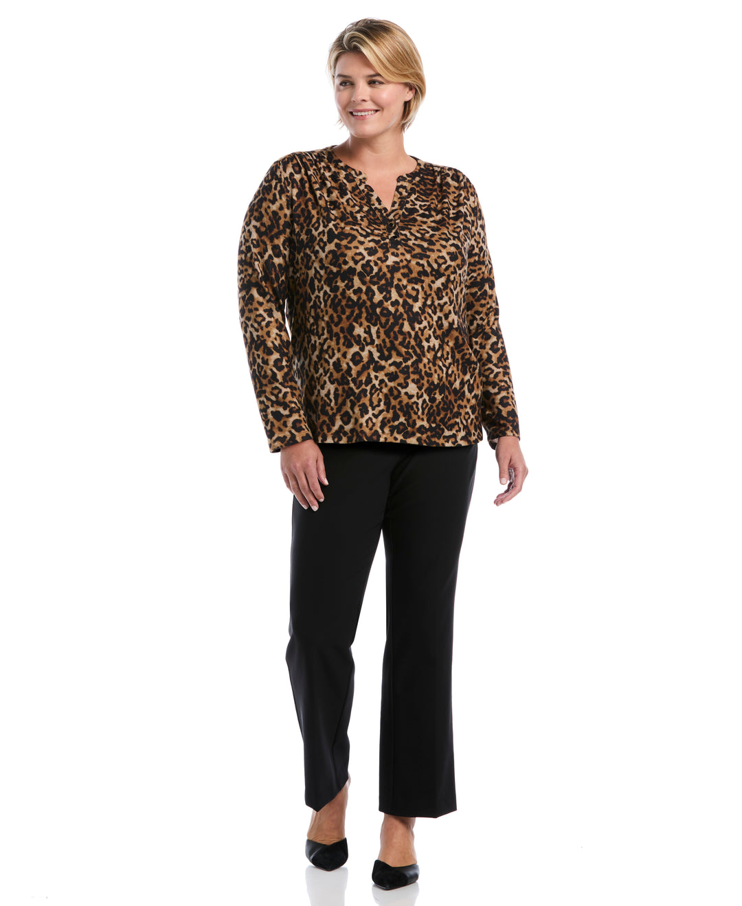 Plus Size Women's Leopard Print Shirred Split Neck Top (Monks Robe) 