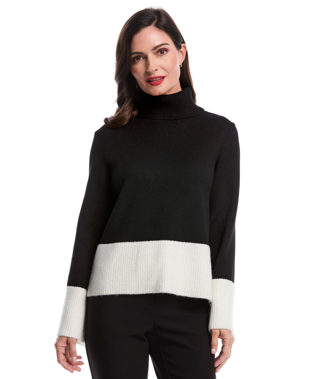 Petite Color Block Trim Turtleneck Sweater (Black) 