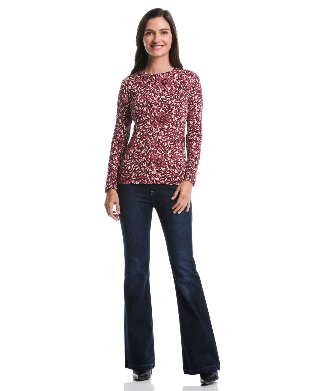 Elegant Print Laced Crew Neck Top (Beetroot Purple) 