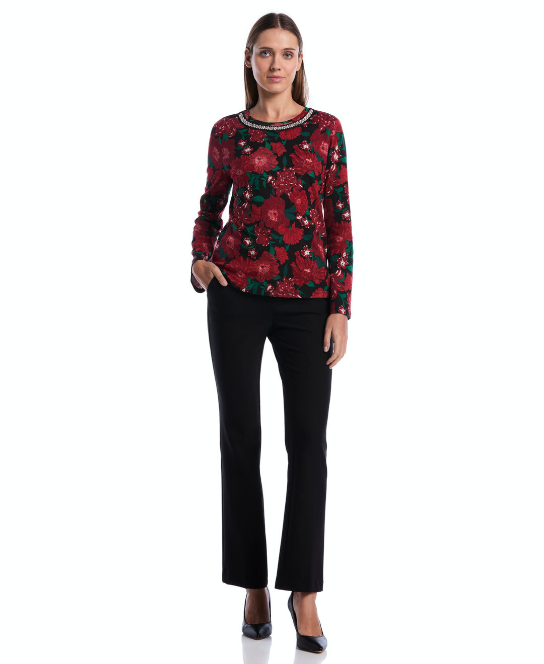 Petite Floral Print Embellished Neckline Top (Jester Red) 