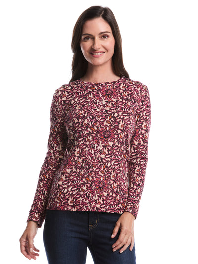 Elegant Print Laced Crew Neck Top (Beetroot Purple) 