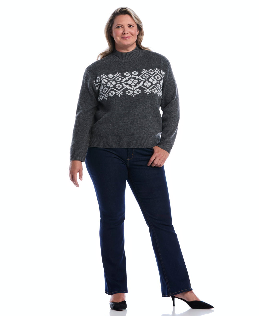 Plus Size Floral Argyle Mock Neck Sweater (Charcoal) 