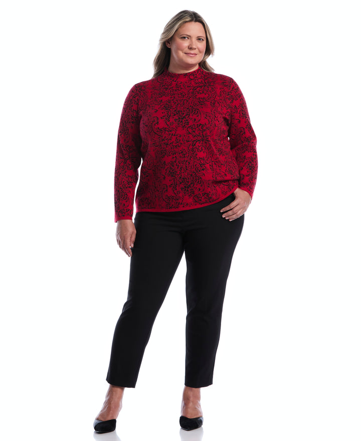 Plus Size Floral Paisley Print Mock Neck Sweater (Jester Red) 