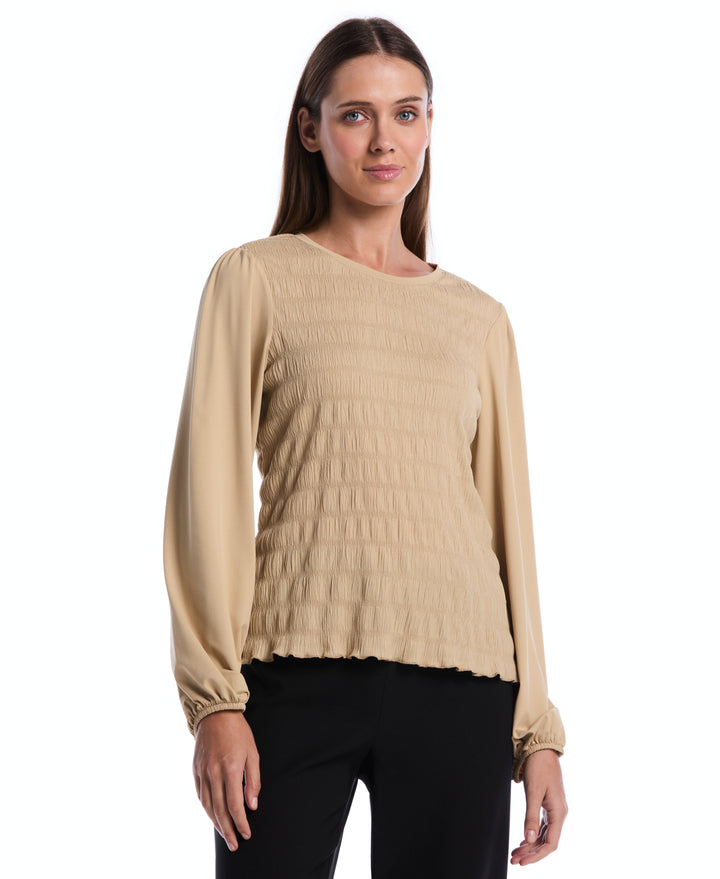 Petite Puff Sleeve Crew Neck Top (Oatmeal) 