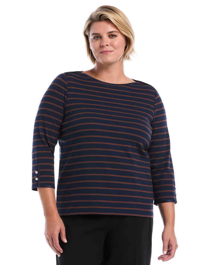 Plus Size Striped Button Detail Boat Neck Top (Black Iris) 