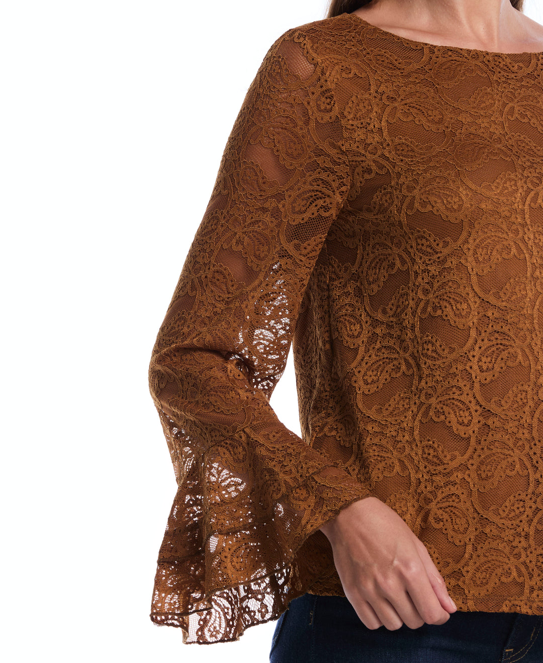 Petite Lace Ruffle Sleeve Boatneck Top (Monks Robe) 
