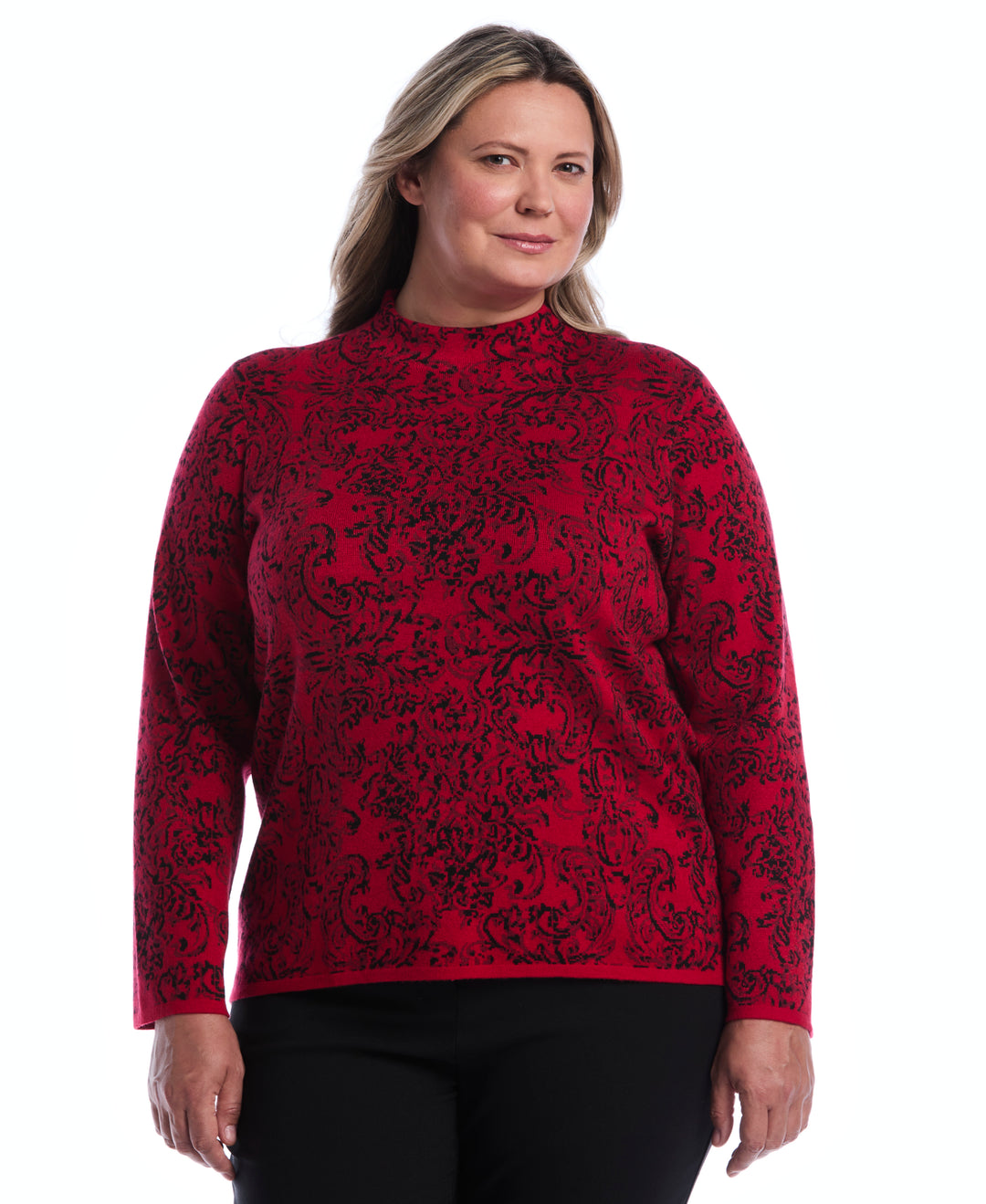 Plus Size Floral Paisley Print Mock Neck Sweater (Jester Red) 
