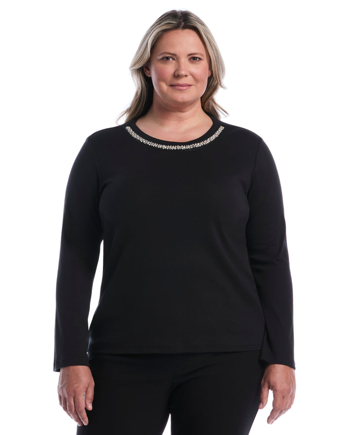 Plus Size Embellished Neckline Top (Black) 