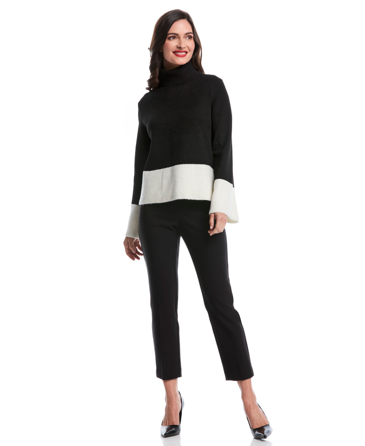 Petite Color Block Trim Turtleneck Sweater (Black) 