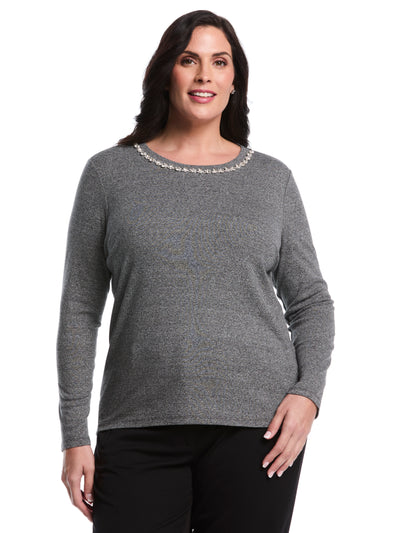 Plus Size Embellished Neck Top (Salt & Pepper Heather) 