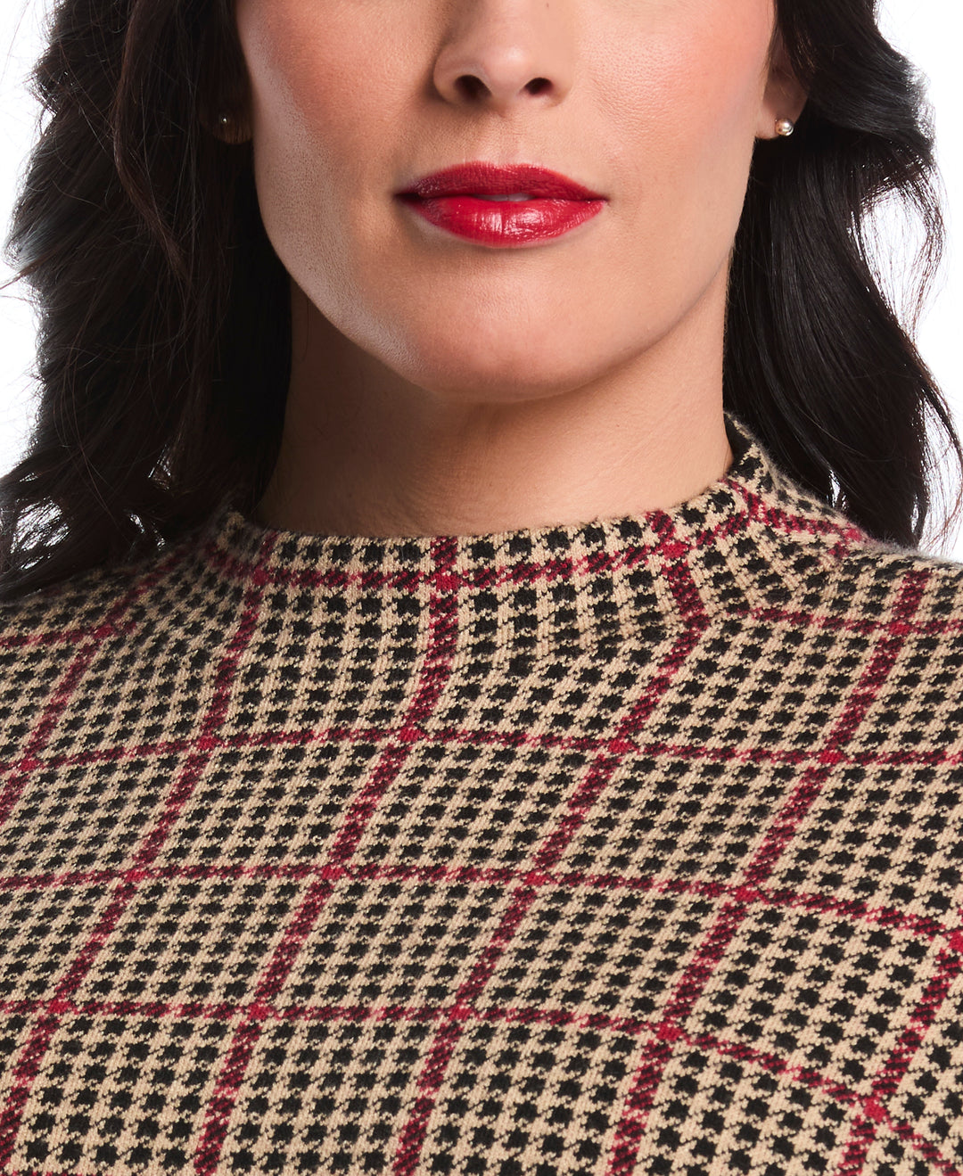 Plus Size Plaid Print Mock Neck Sweater (Rio Red) 
