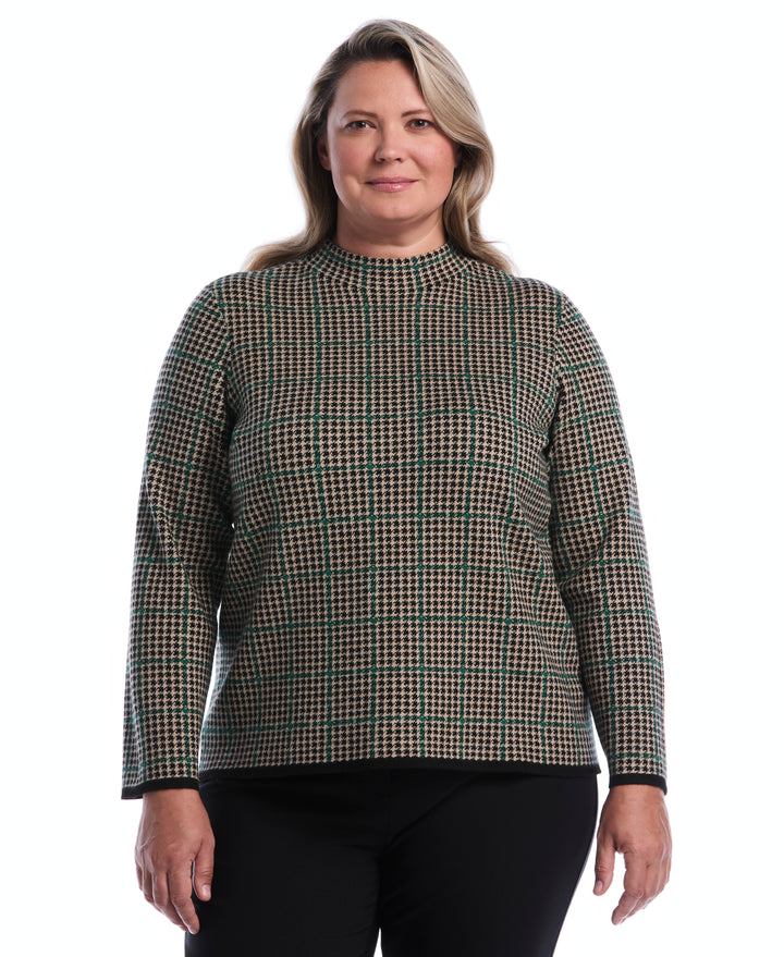 Plus Size Plaid Print Mock Neck Sweater (Irish Cream) 