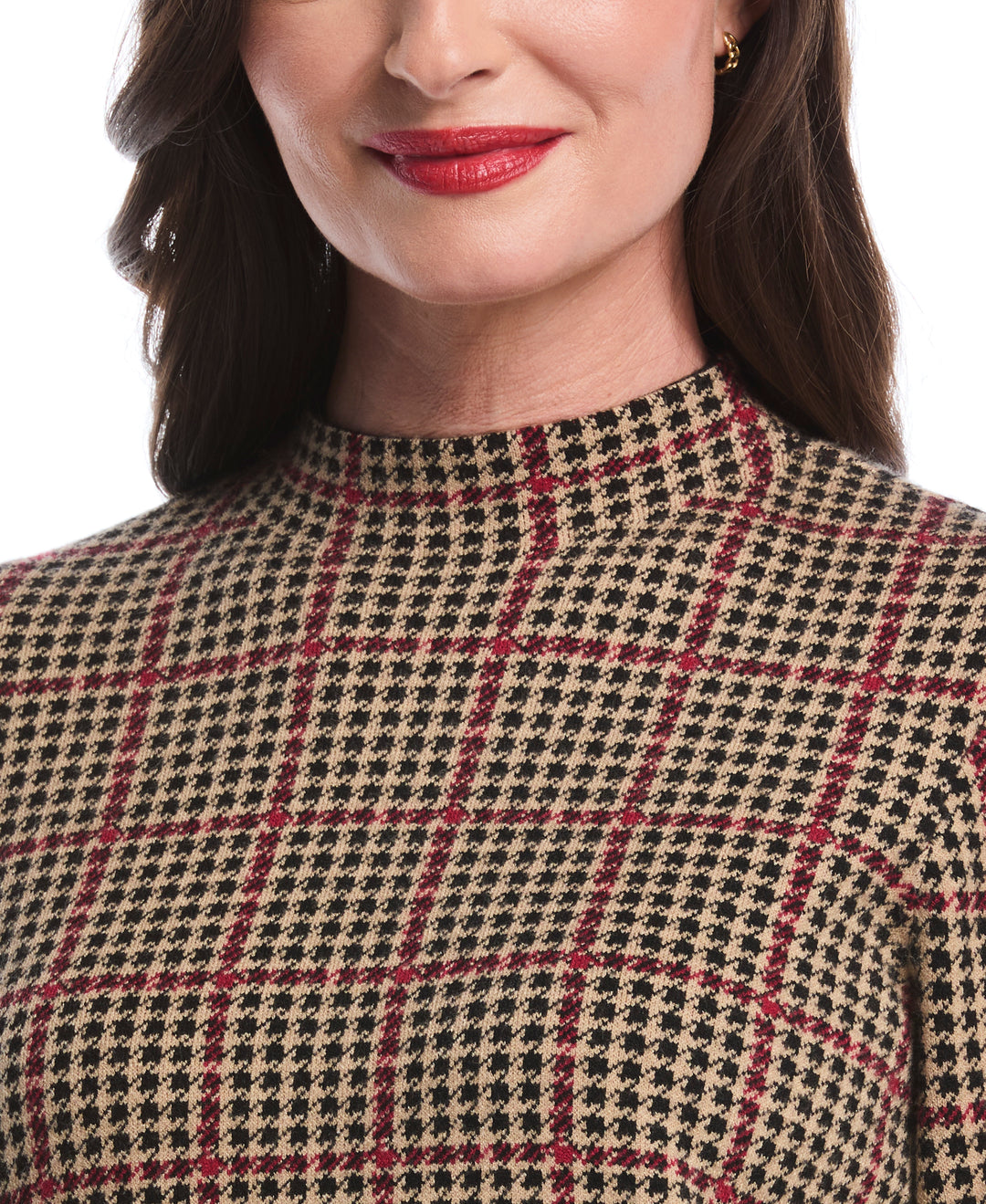 Plaid Print Mock Neck Sweater (Rio Red) 