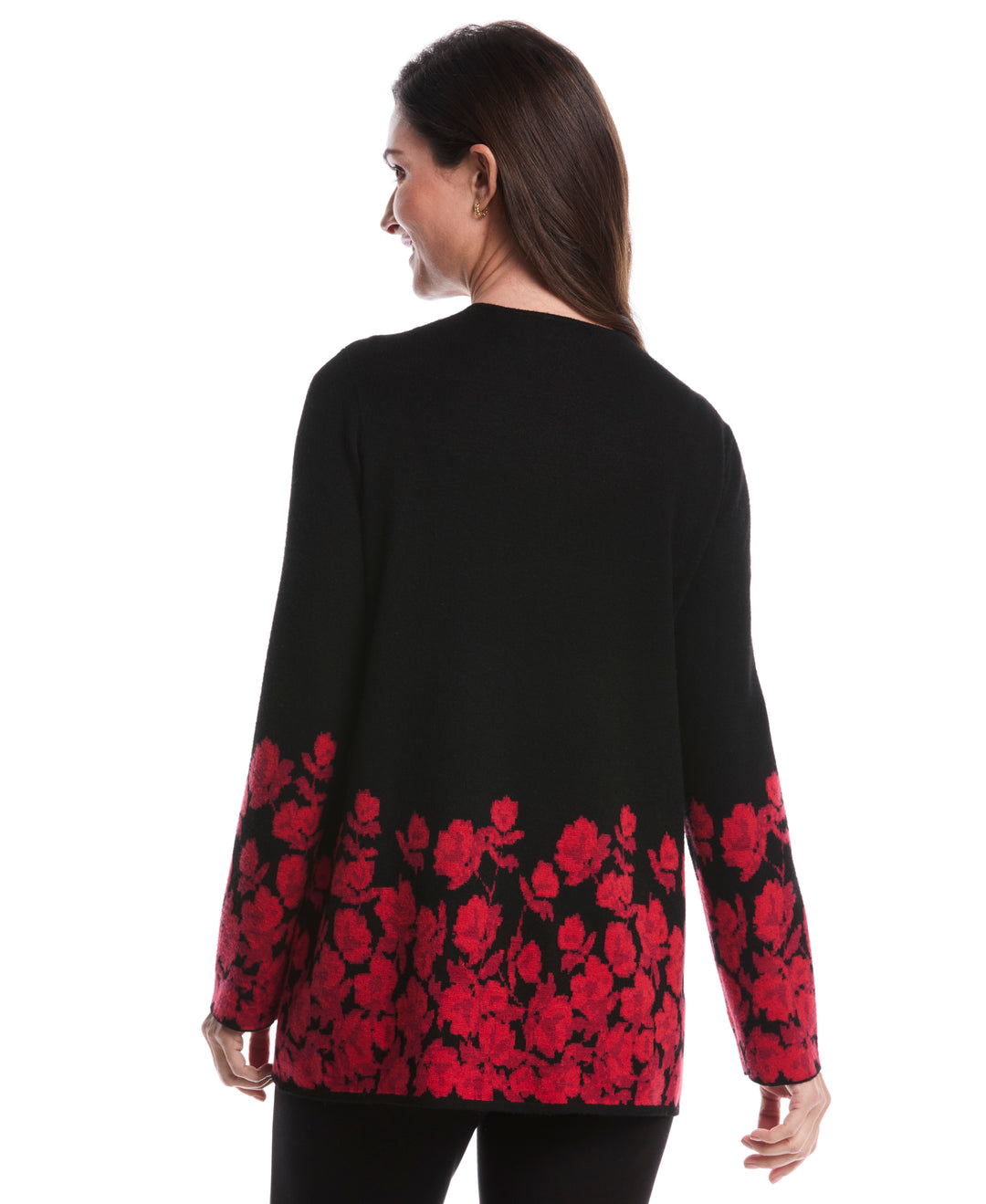 Floral Print Patch Pocket Open Cardigan (Black) 