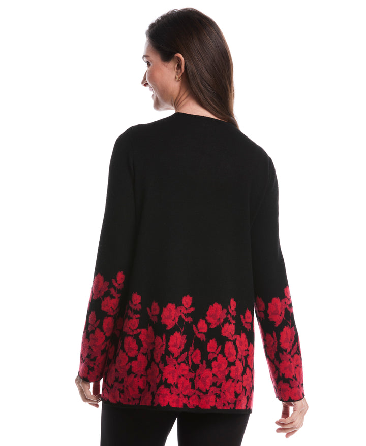 Floral Print Patch Pocket Open Cardigan (Black) 