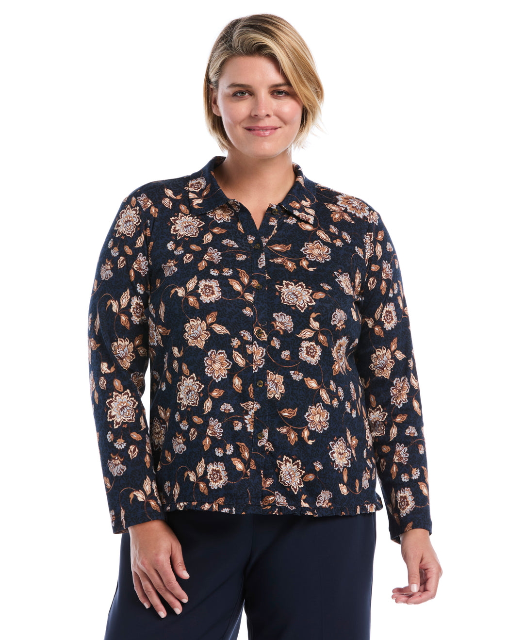 Plus Size Floral Print Ruffle Trim Button-Up Top (Blue Blizzard) 