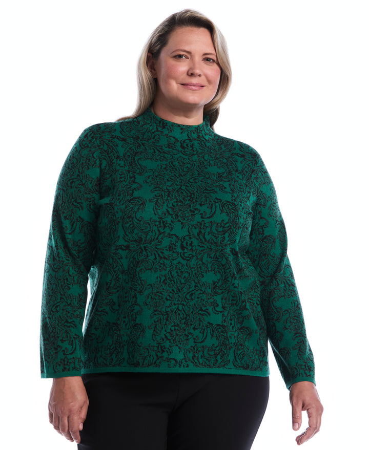 Plus Size Floral Paisley Print Mock Neck Sweater (Ultramarine Green) 