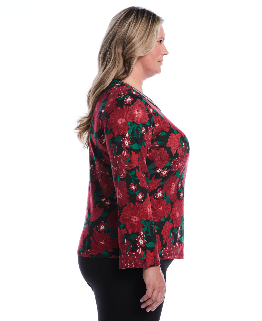 Plus Size Floral Print Embellished Neckline Top (Jester Red) 