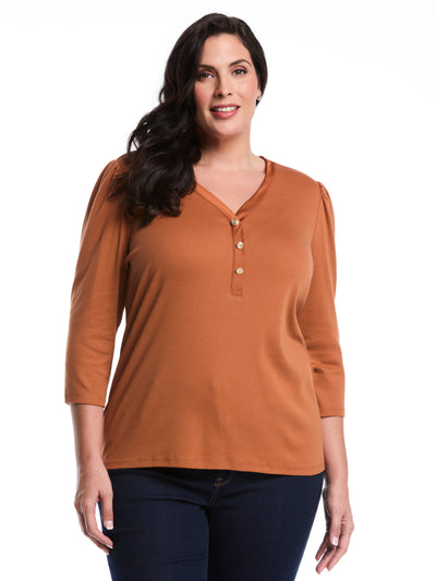 Plus Size 3/4 Puff Sleeve V-Neck Top (Mocha Bisque) 