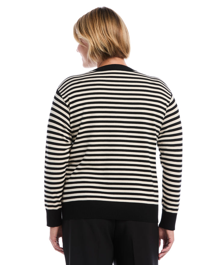 Plus Size Striped Rib Trim Crewneck Sweater (Black) 