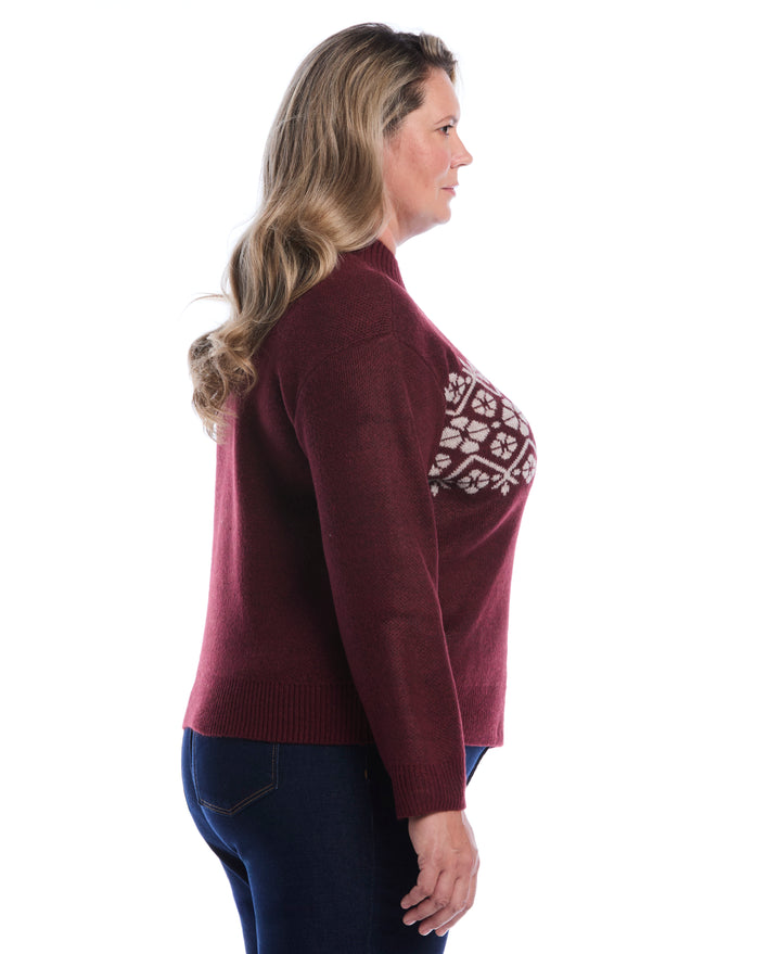 Plus Size Floral Argyle Mock Neck Sweater (Zinfandel) 