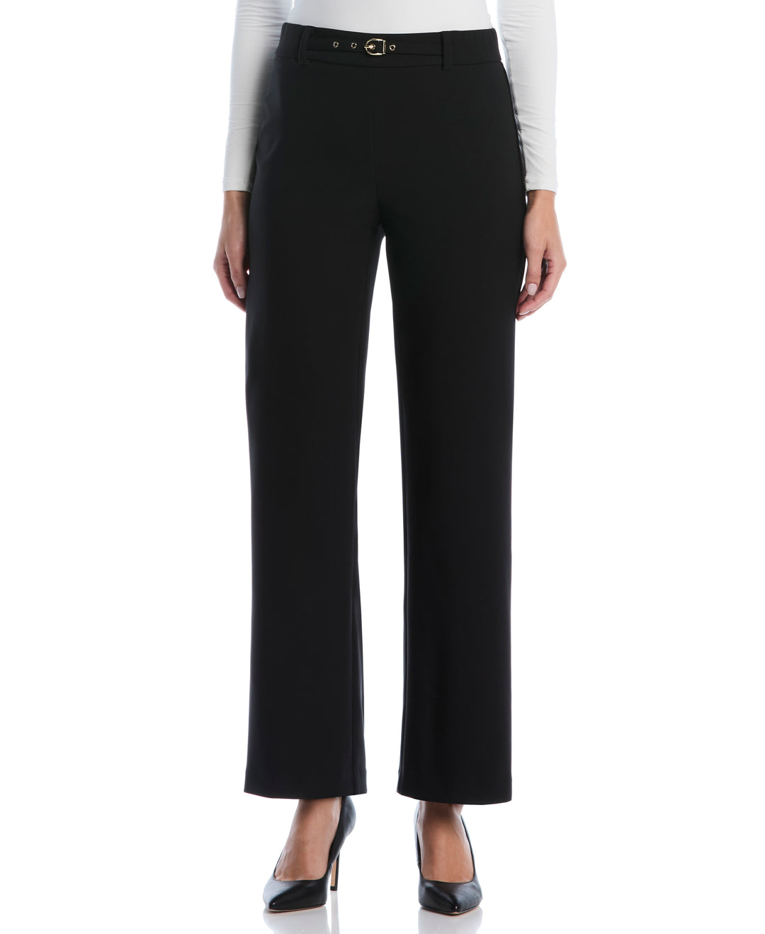 Petite Wide Leg Novelty Belt Pant (Black) 