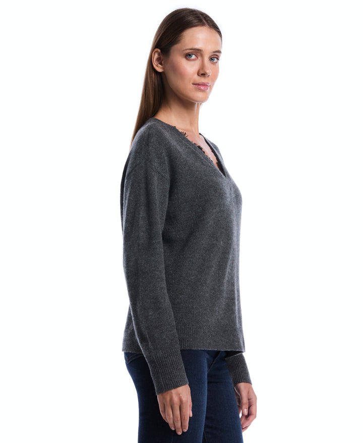 Lace Trim V-Neck Sweater (Charcoal) 
