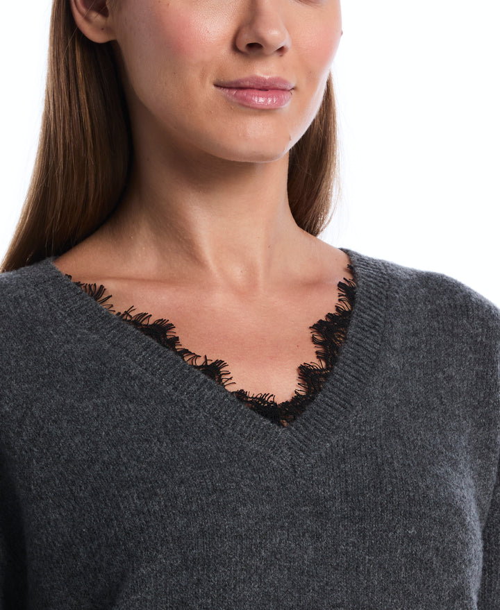 Lace Trim V-Neck Sweater (Charcoal) 
