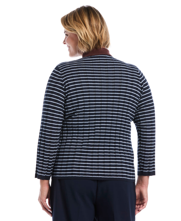 Plus Size Striped Polo Sweater (Blue Blizzard) 