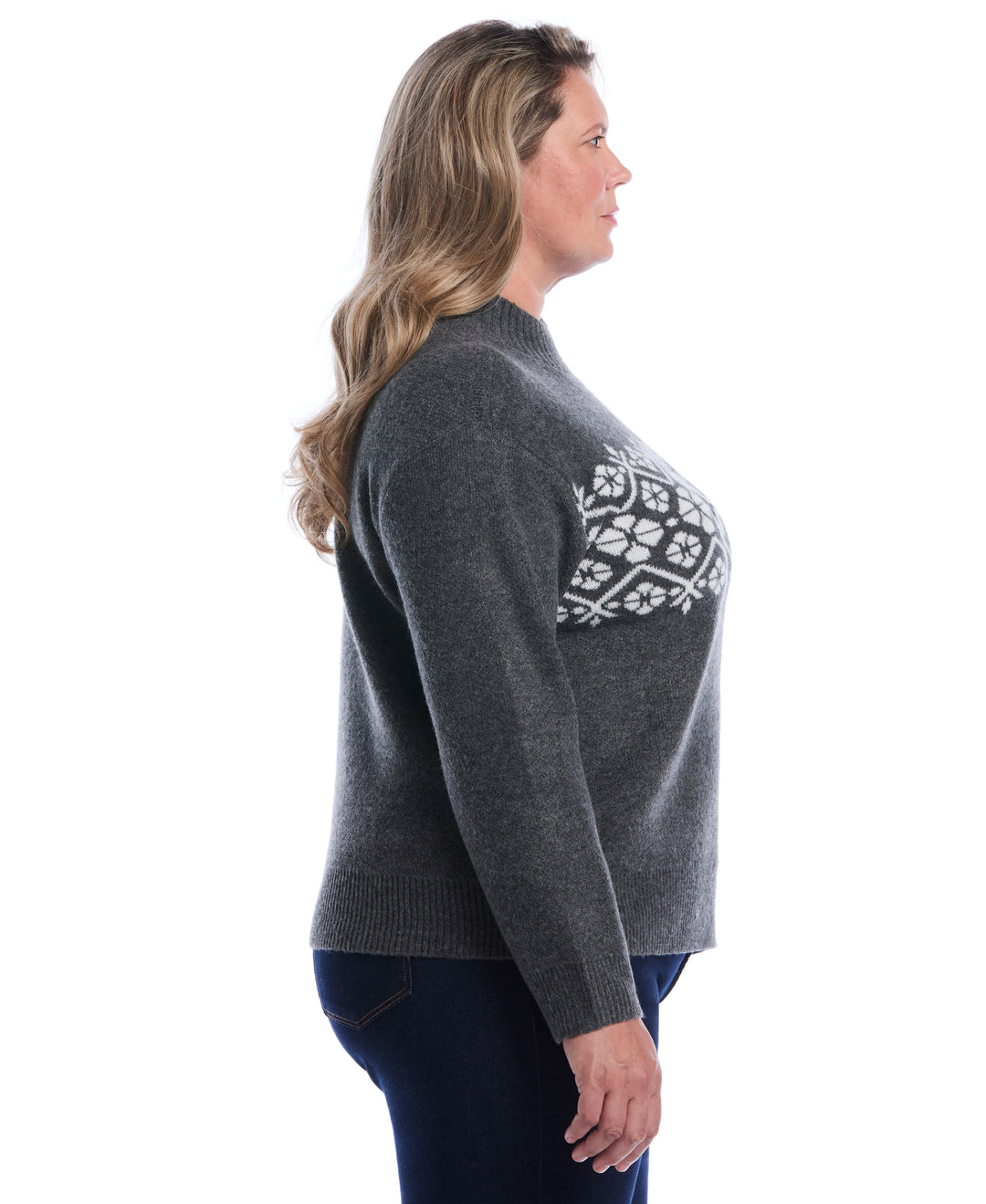 Plus Size Floral Argyle Mock Neck Sweater (Charcoal) 