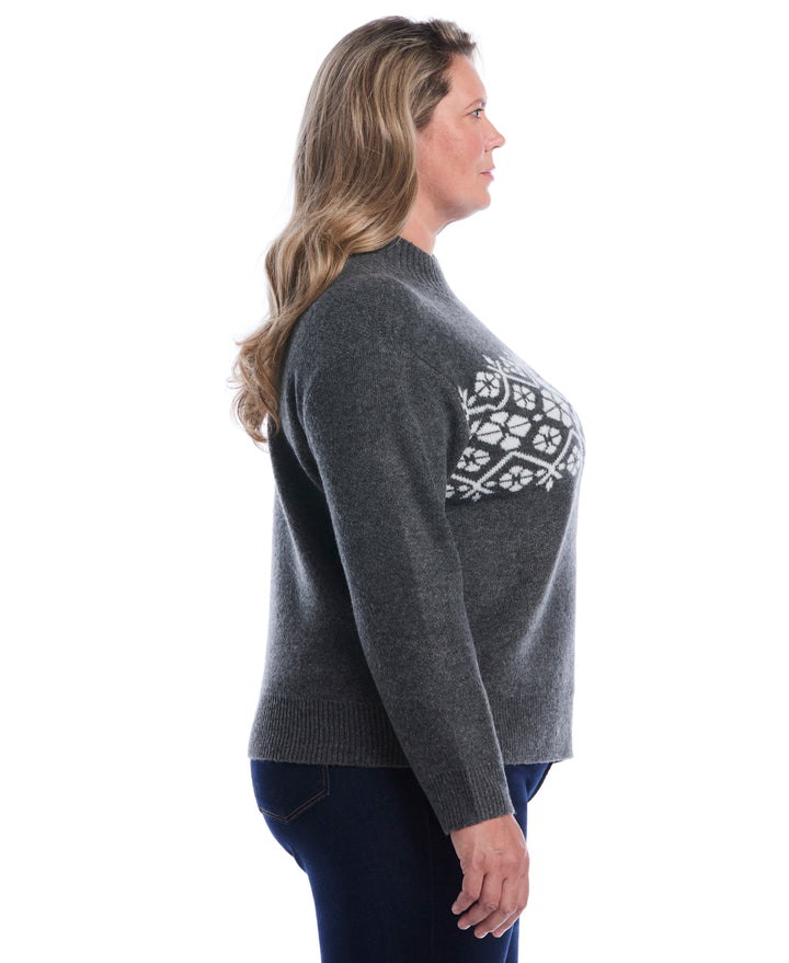 Plus Size Floral Argyle Mock Neck Sweater (Charcoal) 