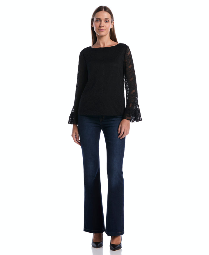 Petite Lace Ruffle Sleeve Boatneck Top (Black) 