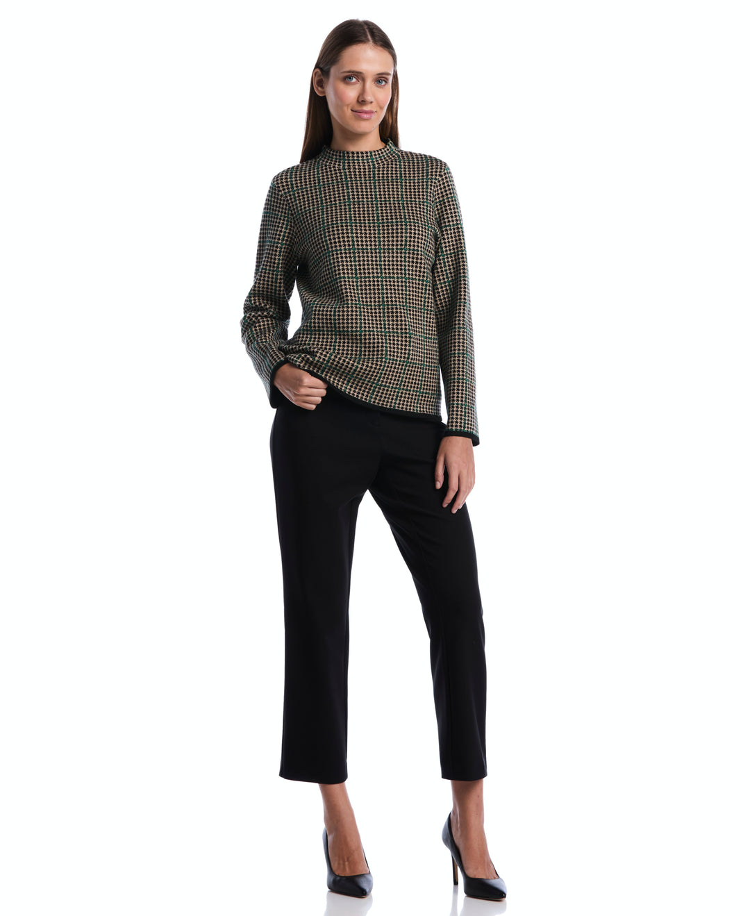 Plaid Print Mock Neck Sweater (Irish Cream) 
