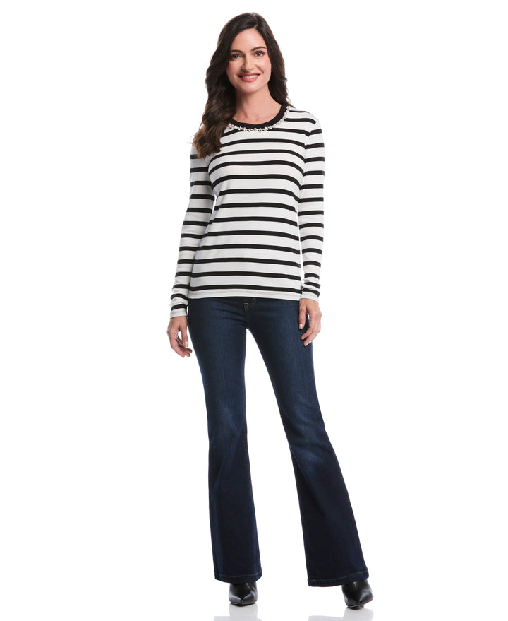 Striped Print Embellished Neck Top (Star White) 