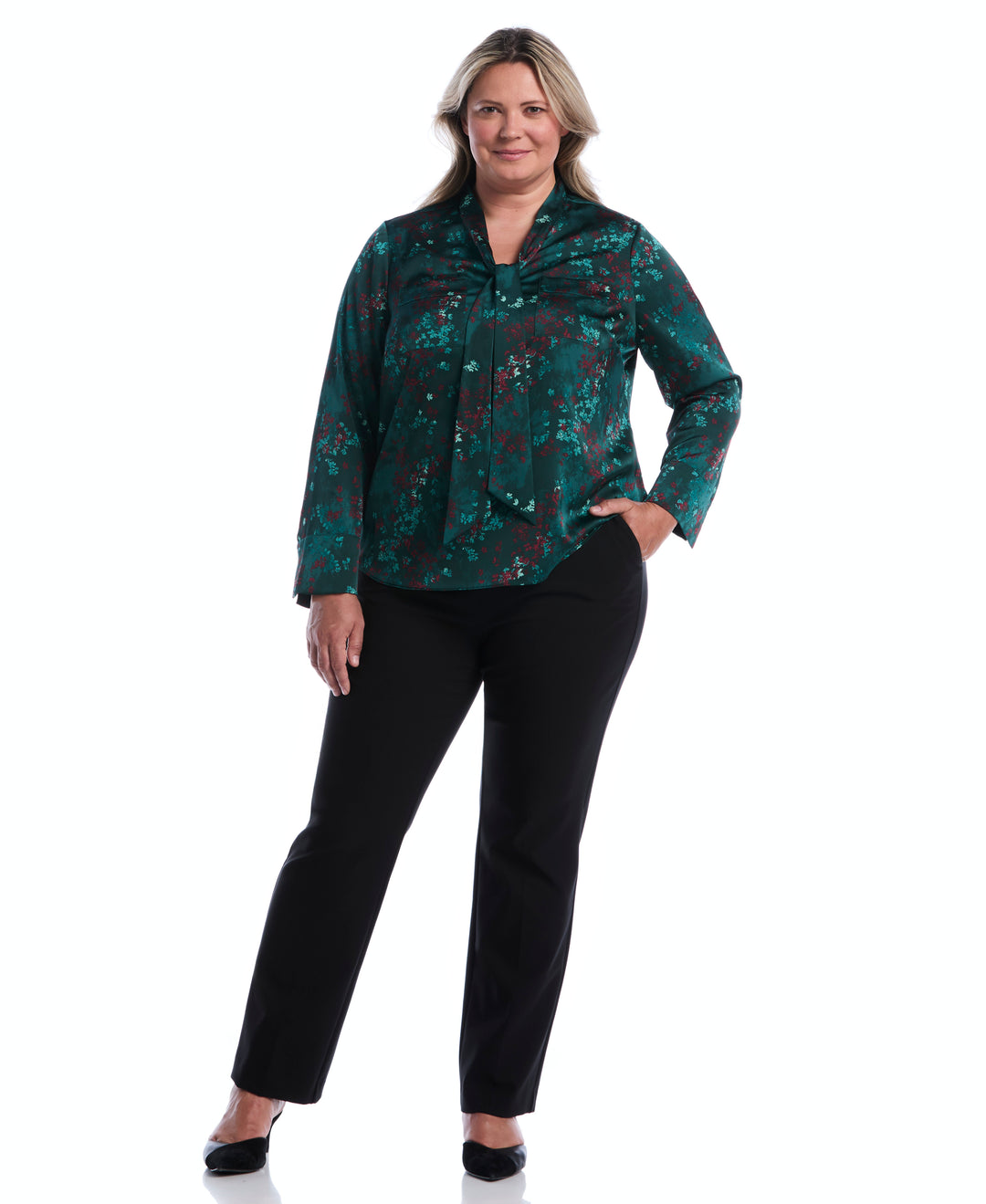 Plus Size Floral Tie Neck Patch Pocket Blouse (Ponderosa Pine) 