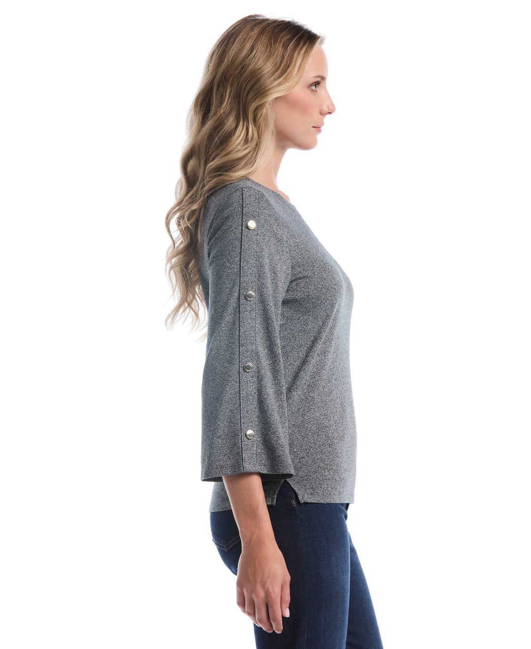 Stud Trim Wide Sleeve Top (Salt And Pepper Hthr) 