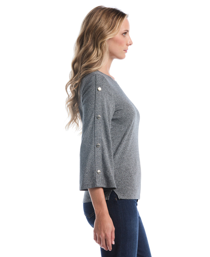 Stud Trim Wide Sleeve Top (Salt And Pepper Hthr) 
