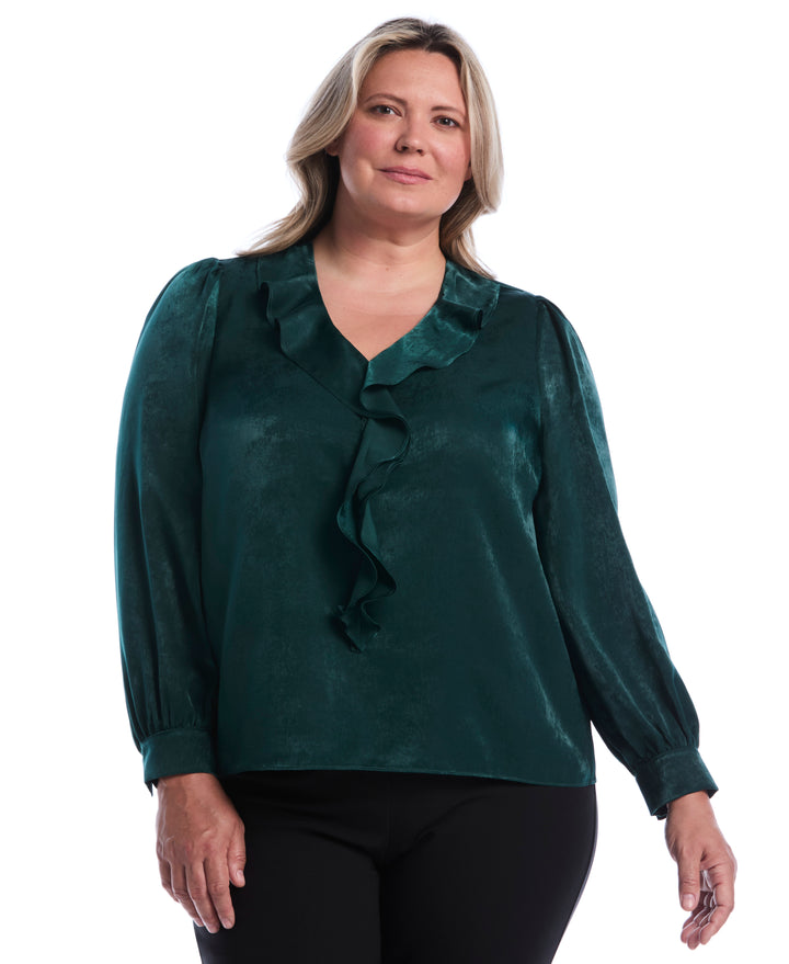 Plus Size Ruffle V-Neck Blouse (Ponderosa Pine) 