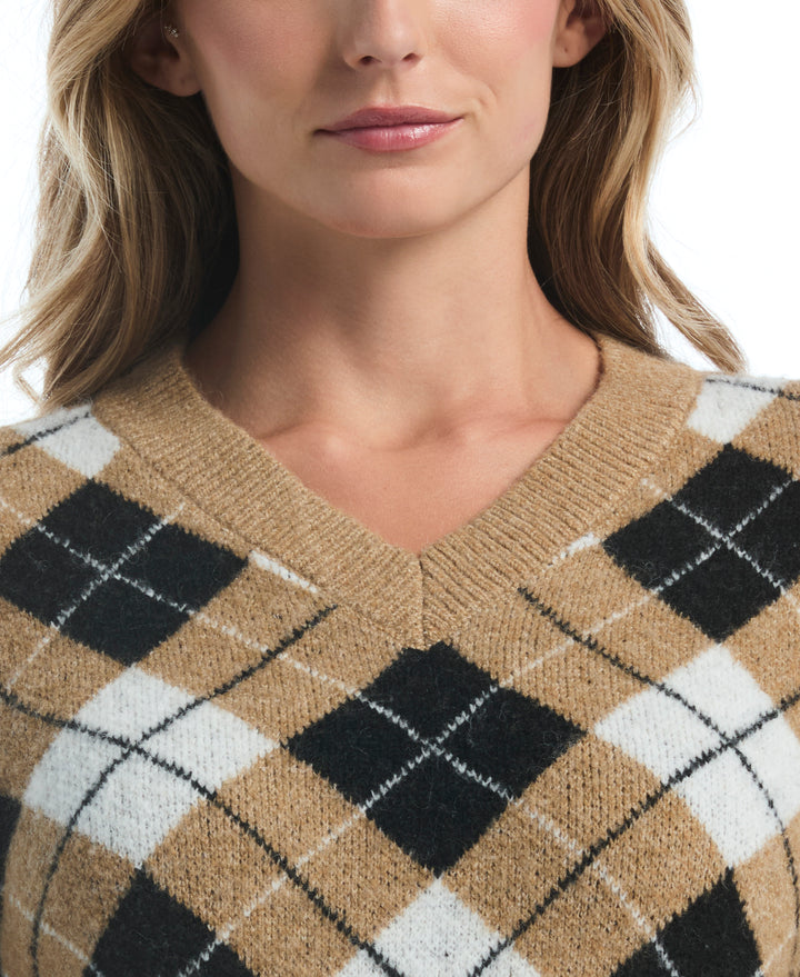 Petite Argyle V-Neck Sweater (Tobacco Brown) 