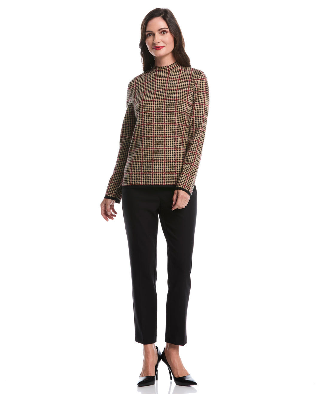 Plaid Print Mock Neck Sweater (Rio Red) 