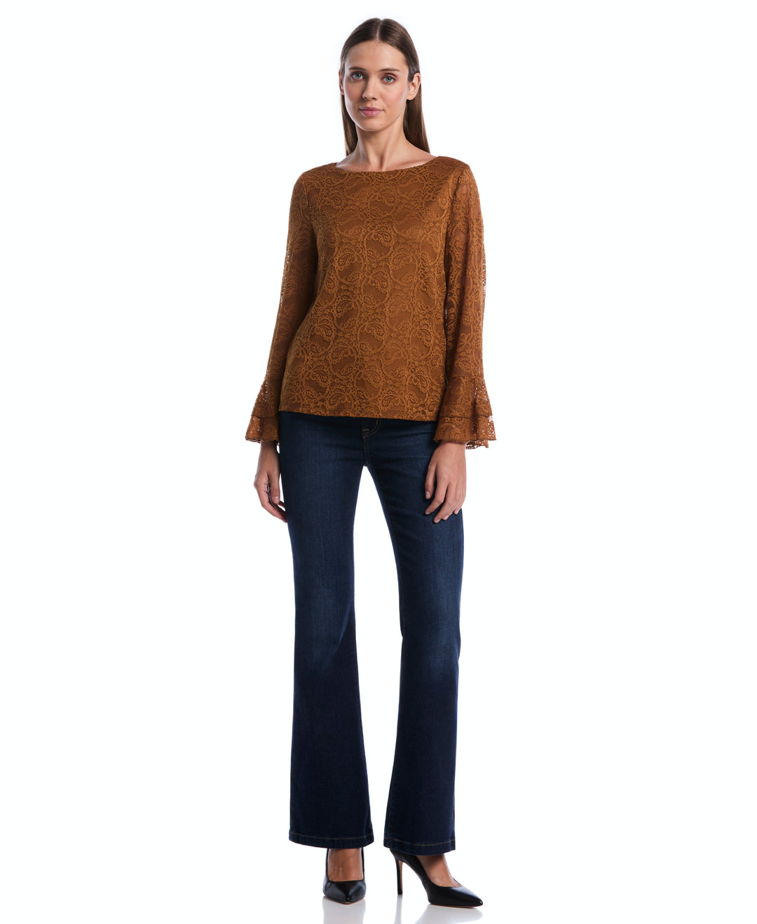 Petite Lace Ruffle Sleeve Boatneck Top (Monks Robe) 