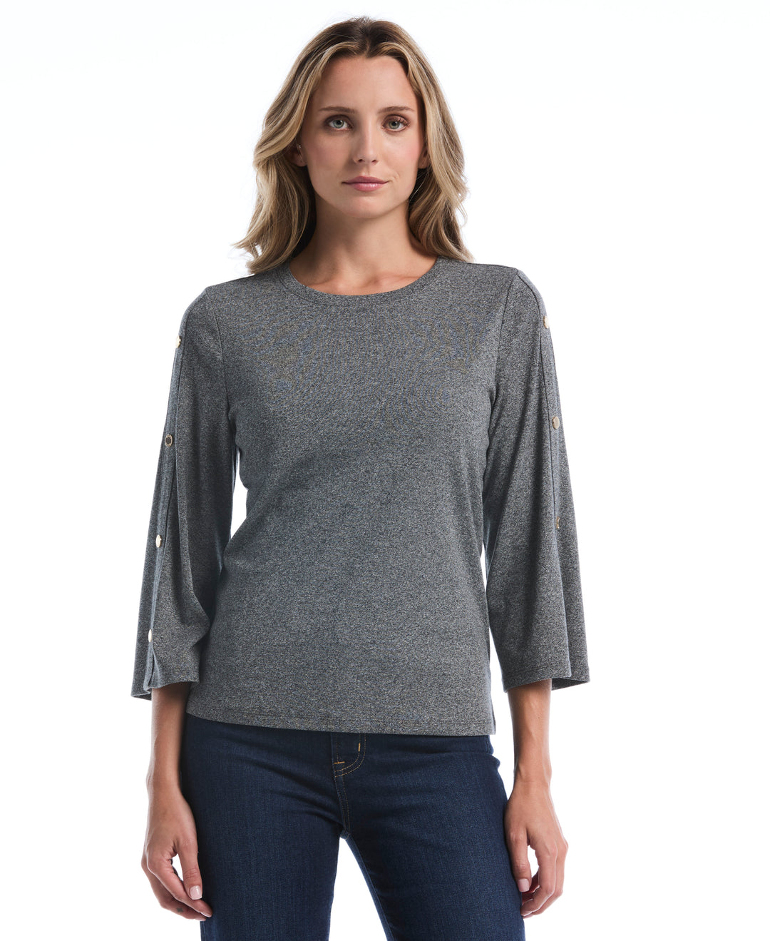 Stud Trim Wide Sleeve Top (Salt And Pepper Hthr) 