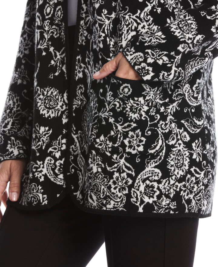 Paisley Print Patch Pocket Open Cardigan (Black) 