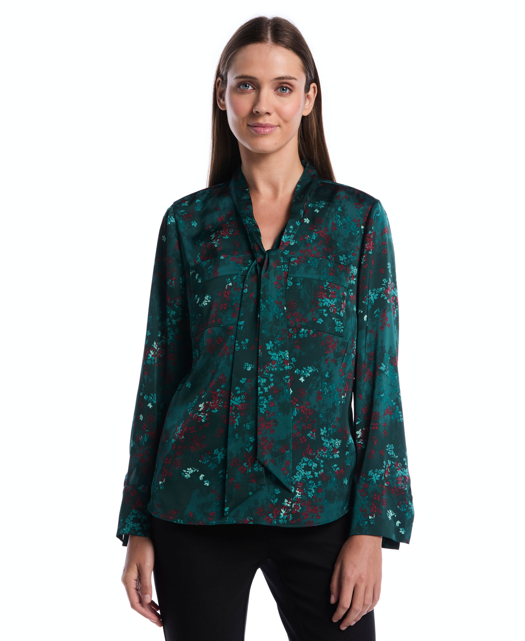 Petite Floral Tie Neck Patch Pocket Blouse (Ponderosa Pine) 